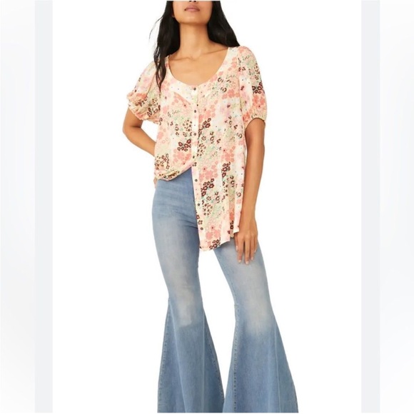 Free People Tunic Dress XS Mini Floral Button Down Puff Sleeve Viscose  NWT - Picture 4 of 15